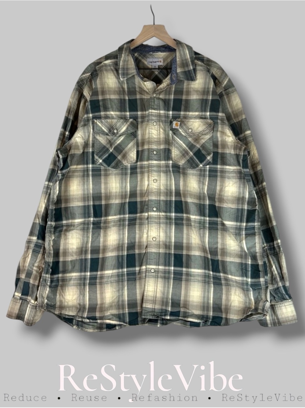 CARHARTT Men’s Size 2XL Tall Shirt Plaid Pearl Snap Closure Relaxed Fit Stretch